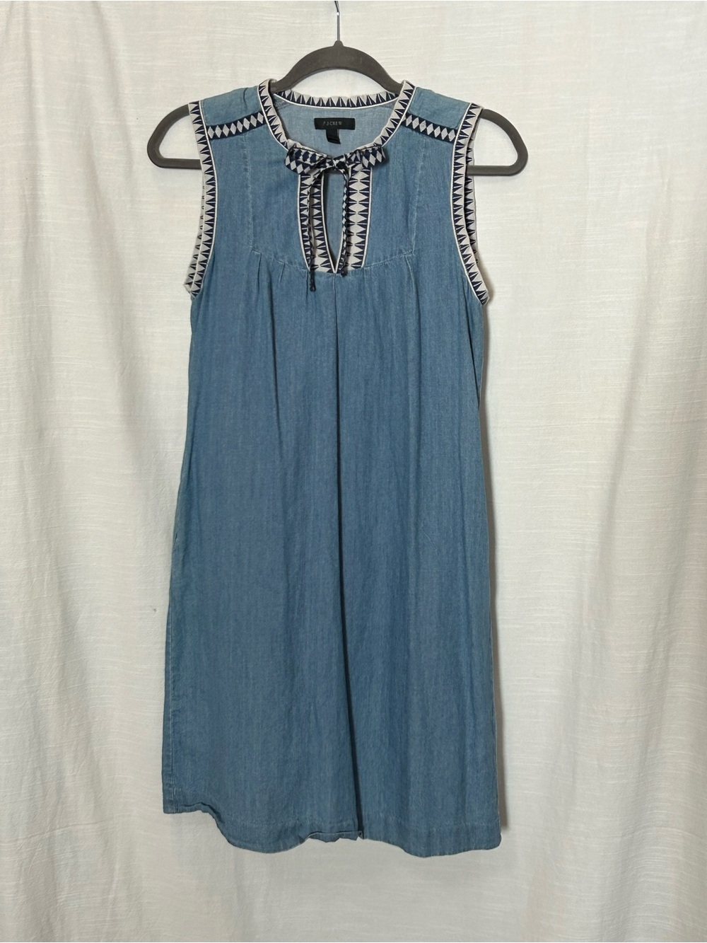 J. Crew‎ Blue Chambray Boho Sleeveless Mini Shift Dress w/ Contrast Trim